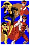  2boys absurdres black_bodysuit black_hair blood blue_background blush bodysuit border cape commentary cuts fingernails gloves goggles highres injury invincible_(series) male_focus mark_grayson multicolored_bodysuit multiple_boys omni-invincible red_bodysuit red_cape red_gloves rob_kuma4 sinister_invincible suit torn_clothes torn_gloves v white_bodysuit white_border yellow_bodysuit yellow_cape yellow_gloves 