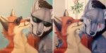  anthro canid canine canis couple_(disambiguation) digital_media_(artwork) duo eyewear female fox glasses male mammal smile tongue wolf zayna 