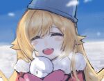  1girl :d araragi_koyomi blonde_hair blue_sky blurry blurry_background blush_stickers bucket bucket_on_head character_snowman closed_eyes commentary_request facing_viewer fangs flipped_hair fur-trimmed_jacket fur_trim hair_between_eyes hair_flaps hands_up happy highres holding_snowman hugging_object jacket kou313l long_hair mittens monogatari_(series) object_on_head open_mouth oshino_shinobu outdoors pink_mittens portrait red_jacket sidelocks sky smile snow snowman solo very_long_hair 