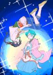  2boys :o ahoge air_bubble aqua_hair barefoot blue_hakama blue_pants bubble capri_pants commentary_request coral_earrings cropped_jacket ensemble_stars! floating floating_hair frilled_sleeves frills full_body gon_jiri green_eyes hair_between_eyes hakama interlocked_fingers japanese_clothes kanzaki_souma kimono long_hair long_sleeves looking_at_another male_focus multiple_boys official_alternate_costume own_hands_clasped own_hands_together pants parted_lips pink_kimono ponytail purple_eyes purple_hair seigaiha seiza shinkai_kanata short_hair sidelocks sitting smile sparkle three-quarter_sleeves tubuan_oisii underwater upside-down waraji wide-eyed yellow_overskirt 