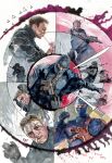  absurdres blonde_hair blood bullet_hole bullseye_(marvel) character_logo commentary daredevil_(netflix) daredevil_(series) davidmackkabuki english_commentary highres male_focus marvel multiple_boys police police_uniform print_bodysuit target 