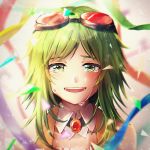  1girl amulet anniversary bare_shoulders blush collar commentary confetti crying crying_with_eyes_open goggles goggles_on_head green_eyes green_hair gumi happy_tears highres looking_at_viewer open_mouth portrait reiro_sakura ribbon short_hair_with_long_locks smile solo tears vocaloid 