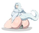  1girl absurdres ambiguous_gender armor asolhoe ass bottomless breasts chosen_undead commentary covered_sideboob curtained_hair dark_souls_(series) dark_souls_i dragon_girl dress feet_out_of_frame fluffy_tail from_behind full_armor fur_trim giant giantess green_eyes hair_intakes hands_on_own_thighs helm helmet highres huge_ass huge_breasts knight lips long_hair looking_back monster_girl parted_lips priscilla_the_crossbreed sitting_on_face slit_pupils tail thick_thighs thighs white_background white_dress white_hair wide_sleeves 