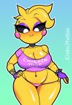  2019 animatronic avian bird black_sclera bracelet breasts chicken cleavage clothed clothing eroticphobia eyelashes eyeshadow female five_nights_at_freddy&#039;s five_nights_at_freddy&#039;s_2 galliform gallus_(genus) jewelry machine makeup panties phasianid robot solo spiked_bracelet spikes text toy_chica_(fnaf) underwear video_games 
