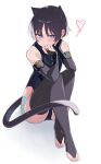  1boy :t animal_ears armor bare_shoulders black_bodysuit black_bridal_gauntlets black_hair black_leotard black_thighhighs blunt_ends blush body_markings bodysuit bridal_gauntlets bridal_legwear bulge cat_boy cat_ears cat_tail closed_mouth eyelashes eyeliner genshin_impact gold_ring hands_on_own_face heart highleg highleg_leotard highres japanese_armor kote kurokote leotard looking_at_viewer makeup male_focus middle_ring purple_eyes purple_pupils red_eyeliner sasunopi scaramouche_(genshin_impact) sitting solo tail thighhighs toeless_legwear toes tsurime wanderer_(genshin_impact) white_background wispy_bangs 