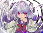  1girl bow bowtie closed_mouth collared_shirt commentary_request covering_own_mouth eyebrows_hidden_by_hair feathered_wings floating_hair glaring grey_hair hair_between_eyes hand_over_own_mouth hand_up highres jacket kishin_sagume long_sleeves looking_at_viewer medium_hair open_clothes open_jacket purple_shirt red_bow red_bowtie red_eyes shirt simple_background single_hair_intake single_wing solo touhou tsukikusa upper_body white_background white_wings wings yellow_jacket 