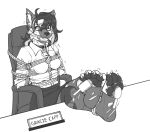  2026 anthro bdsm bondage bottomwear bound breasts brush canid canine canis chair claws clothed clothing collar collar_tag crossed_legs desk domestic_dog ear_piercing ear_ring eyewear fangs feet female fur furniture gag gagged german_shepherd glasses gracie_capp_(puddinpop34) hair hands_behind_back herding_dog inner_ear_fluff mammal marcushunter nameplate on_chair one_eye_closed pastoral_dog paws piercing restraints ring_piercing rope rope_bondage shirt sitting sitting_on_chair skirt solo table teeth tickle_torture tickling tickling_feet topwear tuft 