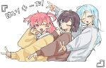  3girls :d :o ;d ;o blue_eyes blue_hair blush braid brown_cardigan brown_eyes brown_hair brown_shirt cardigan collared_shirt cropped_torso fang grey_cardigan gyaru_v hair_between_eyes hand_up hinomori_shizuku long_hair long_sleeves looking_at_viewer miyamasuzaka_girls'_academy_school_uniform mole mole_under_mouth momoi_airi multiple_girls one_eye_closed open_mouth pink_eyes pink_hair project_sekai sailor_collar school_uniform shinonome_ena shirt short_hair side_braid sidelocks siiaka023 simple_background skin_fang sleeves_past_wrists smile translation_request two_side_up upper_body v v-shaped_eyebrows v_over_mouth viewfinder white_background white_sailor_collar yellow_cardigan 