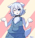  3_toes blue_eyes blue_overalls canid canine canis chest_tuft clothed clothing domestic_dog female fur hair hi_res mammal mofumofumachine overalls pink_tongue signature solo toes tongue tongue_out tuft white_fur 