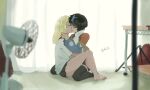  bare_legs black_hair blonde_hair blurry blurry_foreground bridget_(guilty_gear) closed_eyes couple curtains electric_fan guilty_gear guilty_gear_strive guilty_gear_strive:_dual_rulers highres hug kiss miniskirt multicolored_hair off-shoulder_jacket off_shoulder skirt streaked_hair trap unika_(guilty_gear) yukoa36 