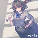  1girl alternate_costume baseball_bat black_hair black_skirt blue_bow blue_bowtie bow bowtie character_name closed_mouth collared_shirt commentary_request crosswalk grey_horns grey_sweater hand_on_own_hip highres holding holding_baseball_bat horns kijin_seija looking_at_viewer medium_hair multicolored_hair outdoors red_eyes red_streaks shirt skirt small_horns smile solo streaked_hair sweater touhou white_shirt white_streaks zsefvgy 