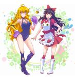 2girls ahoge apron bee_(bee_and_puppycat) black_hair blake_belladonna blonde_hair boots bow boxing_gloves breasts bumblebee_(rwby) character_request covered_navel dress fang hair_bow highres iesupa large_breasts leotard long_hair multiple_girls prosthesis prosthetic_arm puffy_short_sleeves puffy_sleeves purple_eyes red_dress rwby short_sleeves tagme wavy_hair yang_xiao_long yellow_eyes 