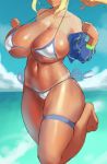  1girl ahoge arms_at_sides artoria_pendragon_(all) baseball_cap bikini bikini_tan breasts cleavage clenched_hands dark_skin eu03 fate/grand_order fate_(series) hat head_out_of_frame huge_ahoge huge_breasts micro_bikini mysterious_heroine_xx_(foreigner) navel off_shoulder running shiny shiny_skin side-tie_bikini skindentation smile solo strap_gap sunburn swimsuit tan tanline thigh_strap toned underboob white_bikini work_in_progress 