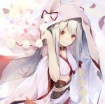  1girl absurdres arm_up azur_lane bangs breasts closed_mouth commentary_request fang fang_out grey_hair hanagin hand_up highres hood hood_up japanese_clothes kimono long_hair looking_at_viewer medium_breasts obi red_eyes red_ribbon ribbon sash short_eyebrows short_sleeves sidelocks solo thick_eyebrows white_kimono wide_sleeves yuudachi_(azur_lane) 