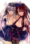  2girls :t bangs blue_dress blunt_bangs blush breasts bride brown_legwear cleavage collarbone cowboy_shot detached_sleeves dress eyebrows_visible_through_hair facial_mark girls_frontline glint gloves green_eyes hair_ornament hair_ribbon halter_dress hk416_(girls_frontline) holding holding_ring jewelry large_breasts long_hair looking_at_viewer lydia601304 multiple_girls one_side_up open_mouth pantyhose pout purple_dress purple_hair red_eyes ribbon ring sidelocks silver_hair strapless strapless_dress teardrop v-shaped_eyebrows veil very_long_hair wa2000_(girls_frontline) wedding_ring 