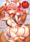  1girl :3 @_@ animal_ear_fluff animal_ears bare_shoulders bell bell_collar blush_stickers breasts cat_paws cleavage collar demmy fate/grand_order fate_(series) fox_ears fox_girl fox_tail gloves hair_ribbon jingle_bell large_breasts long_hair looking_at_viewer paw_gloves paw_shoes paws pink_hair ponytail red_ribbon red_string ribbon shoes smile solo string tail tamamo_(fate)_(all) tamamo_cat_(fate) yellow_eyes 