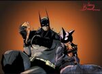  1boy 1girl absolute_batman absolute_dc animal_ear_helmet animal_helmet back_spikes bat_mask batman batman_(absolute_dc) batman_(series) batman_symbol cat_helmet cat_mask catsuit catwoman catwoman_(absolute_dc) commission couple dc_comics leather_suit mask multicolored_suit partially_opaque_helmet reflective_mask resenand two-tone_suit 