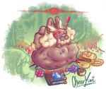  2026 abdominal_bulge alpha_pokemon ambiguous_gender ambiguous_prey anthro anthro_pred arm_tuft backpack being_watched belly berry big_belly big_butt big_ears brown_body brown_fur butt cherryuri churn cotton_tail digestion digestion_noises digital_drawing_(artwork) digital_media_(artwork) duo eyelashes eyes_closed female female_pred floppy_ears food forest fruit fur generation_4_pokemon glowing glowing_eyes hi_res huge_belly human hyper hyper_belly imminent_vore looking_at_another lop_ears lopunny lying mammal narrowed_eyes nintendo on_front onomatopoeia outside overweight overweight_anthro overweight_female plant pokemon pokemon_(species) prey_outline red_eyes rumbling_stomach smile sound_effects struggling struggling_prey stuffing tan_body tan_fur text tree tuft vore wrist_tuft 