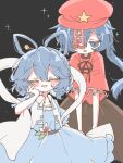  2girls black_background blue_dress blue_eyes blue_hair blush brown_ribbon brown_skirt closed_eyes commentary_request dress drill_hair drill_sidelocks facing_viewer hagoromo hair_ornament hair_rings hair_stick hand_on_own_cheek hand_on_own_face hat hat_ornament jiangshi kaku_seiga miyako_yoshika mokotan802 multiple_girls neck_ribbon open_clothes open_mouth open_vest puffy_short_sleeves puffy_sleeves red_hat red_shirt ribbon shawl shirt short_sleeves sidelocks simple_background skirt smile star_(symbol) star_hat_ornament touhou vest white_vest 