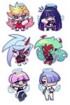  2boys 4girls blonde_hair blue_eyes demon_girl demon_horns green_eyes green_hair highres horns kneesocks_(psg) looking_at_viewer multiple_boys multiple_girls panty_&amp;_stocking_with_garterbelt panty_(psg) polyester_(psg) polyurethane_(psg) purple_hair red_eyes scanty_(psg) silcifer stocking_(psg) 