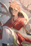  1girl arm_on_knee black_hair blue_eyes branch chinese_clothes commentary_request facial_mark feet_out_of_frame flower forehead_mark grey_background hair_branch hair_bun hand_up hanfu hat_on_back highres holding holding_sword holding_weapon jian_(weapon) long_hair looking_at_viewer mole mole_above_eye pants paper_heron red_flower red_hanfu reverse:1999 sidelighting sitting smile solo sword weapon weimao white_pants xjsbca 