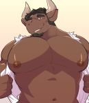  anthro areola beard big_muscles big_pecs bovid bovine cattle clothed clothing eyebrows facial_hair fur hair hi_res horn looking_at_viewer male mammal muscular muscular_male navel nipples open_shirt pecs presenting seintaur short_hair smile solo tan_fur teeth 