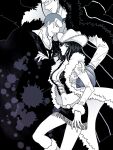  1girl 2boys blood blood_splatter blue_eyes boots breasts buzz_cut cleavage coat commentary_request cowboy_hat crocodile_(one_piece) crocodilian_tail cross-laced_clothes cross-laced_top daz_bones fur-trimmed_coat fur_trim greyscale hat highres hook_hand looking_at_viewer medium_hair midriff monochrome multiple_boys navel nico_robin one_piece scar scar_on_face shiruko_(mikan4649) short_hair skirt spot_color stitched_face stitches suit tail very_short_hair 