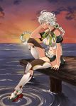  1girl amato_jp asymmetrical_hair braid cloud cloud_print cloudy_sky dock dusk hair_ornament horizon jitome kantai_collection long_hair midriff ocean outdoors pier scenery silver_hair single_braid skirt sky solo sun sunlight sunset thighhighs thighs unryuu_(kantai_collection) very_long_hair water yellow_eyes 