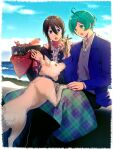  2boys :d :o ahoge animal aqua_hair beach bento black_hair black_jacket black_pants blanket blanket_over_legs blue_jacket border casual cloud collared_shirt commentary_request day dog double-parted_bangs drawstring ensemble_stars! feet_out_of_frame fish fish_(food) gon_jiri green_eyes grey_hoodie hair_between_eyes highres holding holding_animal holding_fish hood hoodie jacket kanzaki_souma long_sleeves looking_at_animal male_focus multiple_boys ocean official_alternate_costume outdoors pants parted_bangs plaid_blanket ponytail purple_eyes purple_vest seigaiha shinkai_kanata shirt short_hair sidelocks smile striped_clothes striped_vest tubuan_oisii v-shaped_eyebrows vest white_border white_dog white_shirt zipper_pull_tab 