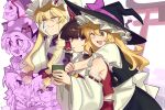  6+girls :< :d ;d alice_margatroid apron ascot back_bow black_skirt black_vest blonde_hair blush boa_(brianoa) bow brown_eyes brown_hair closed_eyes closed_mouth clownpiece commentary_request cup detached_sleeves dress drill_hair frilled_bow frilled_hair_tubes frills gap_(touhou) gloves hair_bow hair_tubes hairband hakurei_reimu hand_on_own_cheek hand_on_own_face hat hat_bow highres holding holding_cup hug hug_from_behind jester_cap kirisame_marisa long_hair luna_child matara_okina mob_cap multiple_girls neck_ruff one_eye_closed open_mouth pink_bow purple_tabard red_bow red_skirt ribbon-trimmed_sleeves ribbon_trim romaji_commentary skirt skirt_set smile tabard torii touhou twitter_username vest waist_apron white_bow white_dress white_gloves white_hat witch_hat yakumo_yukari yellow_ascot yellow_eyes yunomi 