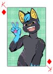  card clothed clothing genet king_of_diamonds looking_at_viewer male mammal peace_sign_(disambiguation) playing_card topless viverrid 