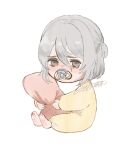  1boy aged_down baby barefoot bib blush commentary_request furrowed_brow grey_hair hair_between_eyes highres holding holding_pillow hugging_object jumpsuit kohanai_setsuna leonid_(shining_nikki) long_hair_between_eyes long_sleeves male_focus nikki_(series) one_side_up onesie pacifier pillow puffy_long_sleeves puffy_sleeves sad shining_nikki short_hair signature simple_background sitting soles solo tearing_up thick_eyebrows toes white_background yellow_jumpsuit 