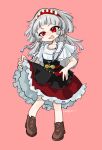  1girl :d artist_name black_corset boots braid brown_boots commentary_request corset deformed full_body grey_hair hairband highres holding_own_skirt katagoenu legs_apart long_hair multiple_braids open_mouth pink_background quad_braids red_eyes red_hairband red_skirt reverse:1999 rubuska shirt skirt smile solo standing uneven_eyes white_shirt 