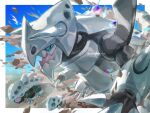  aggron armor aron blue_background blue_sclera border colored_sclera commentary_request evolutionary_line fangs highres horns iamsphenodon lairon looking_at_viewer mega_aggron mega_pokemon no_humans outside_border pokemon pokemon_(creature) pokemon_focus twitter_username white_border 