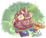  2026 abdominal_bulge alpha_pokemon ambiguous_gender ambiguous_prey anthro anthro_pred arm_tuft backpack being_watched berry big_butt big_ears brown_body brown_fur burping butt cherryuri cotton_tail digital_drawing_(artwork) digital_media_(artwork) duo eyelashes eyes_closed female female_pred floppy_ears food forest fruit fur generation_4_pokemon hi_res human looking_at_another lop_ears lopunny lying mammal nintendo on_front open_mouth open_smile outside overweight overweight_anthro overweight_female plant pokemon pokemon_(species) prey_outline satisfied smile struggling struggling_prey stuffing tan_body tan_fur tree tuft vore wrist_tuft 