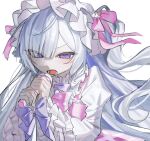 1girl bow collar dress frilled_collar frilled_dress frilled_sleeves frills hair_over_one_eye hairband highres holding holding_microphone lolita_fashion lolita_hairband long_hair long_sleeves looking_at_viewer mahou_shoujo_no_majo_saiban microphone natsume_an-an official_alternate_costume polka_dot polka_dot_bow purple_eyes simple_background singing solo sweet_lolita upper_body very_long_hair white_background white_hair yamete_ne 