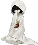  1girl black_eyes black_hair blush covering_own_mouth floral_print_sash hair_between_eyes hand_over_own_mouth highres japanese_clothes kimono long_sleeves looking_at_viewer monogatari_(series) obi obiage obijime oshino_ougi sash seiza shin1kake short_hair simple_background sitting solo wataboushi white_background white_kimono wide_sleeves 