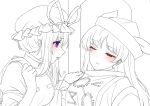  2girls absurdres blush constellation_print dress greyscale hand_on_another's_shoulder hat hat_ribbon highres long_hair matara_okina medium_hair mob_cap mochigumo monochrome multiple_girls one_eye_closed open_mouth orange_eyes purple_eyes ribbon spotlight sun_print tabard touhou yakumo_yukari yuri 