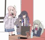  1other 2girls :d ;d akiyama_mizuki black_hair black_jacket black_thighhighs blazer blue_hair blue_skirt blush bow bowtie cable_knit cardigan collared_shirt couch diagonal-striped_bow diagonal-striped_bowtie diagonal-striped_clothes diagonal-striped_necktie gradient_hair green_hair grey_cardigan grey_sweater hair_ornament highres holding holding_microphone jacket kamiyama_high_school_uniform_(project_sekai) karaoke kusanagi_nene lapels lilyburglar long_hair long_sidelocks long_sleeves looking_at_another low-tied_sidelocks microphone multicolored_hair multiple_girls necktie notched_lapels on_couch one_eye_closed open_cardigan open_clothes open_jacket open_mouth orange_hair pink_bow pink_bowtie pink_eyes pink_hair plaid_clothes plaid_skirt pleated_skirt project_sekai purple_cardigan purple_eyes school_uniform shiraishi_an shirt side_ponytail sidelocks sitting skirt smile sparkle star_(symbol) star_hair_ornament striped_bow striped_bowtie striped_clothes striped_necktie sweater swept_bangs table thighhighs two-tone_hair wavy_hair white_shirt zettai_ryouiki 
