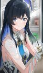  1girl aikawa_yumi bandaged_arm bandages black_hair blue_eyes blue_feathers blue_hair braid breasts bubble_tea closed_mouth colored_inner_hair commentary cup disposable_cup drinking_straw elbow_rest feather_hair_ornament feathers hair_ornament half_up_half_down_braid hands_up highres holding holding_cup indoors light_blush long_hair looking_at_viewer loose_bandages medium_breasts multicolored_hair punishing:_gray_raven selena:_pianissimo_(pgr) selena_(pgr) smile solo turning_head untranslatable_commentary upper_body very_long_hair 