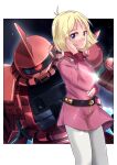  1girl blonde_hair blue_eyes collared_jacket earth_federation gundam jacket long_sleeves looking_at_viewer mecha medium_hair military military_uniform mobile_suit_gundam pantyhose pink_jacket robot sayla_mass sky space star_(sky) starry_sky tsukimi_(penguin_kansokutai) white_pantyhose zaku_ii zaku_ii_s_char_custom zeon 