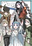  absurdres blue_eyes blue_surcoat braid commentary_request dark_souls_(series) dark_souls_iii doll_joints dress elden_ring elden_ring_nightreign flower_wreath giant-crusher_(elden_ring) head_wreath highres joints long_hair looking_at_viewer low_twin_braids miya_zirou multiple_girls revenant_(elden_ring) smile twin_braids veil weapon white_dress white_hair white_veil 