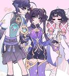  1boy 2girls absurdres ahoge aqua_kimono aqua_sleeves armor arms_at_sides artist_name asymmetrical_bangs belt black_belt black_bodysuit black_bow black_choker black_gloves black_hair black_leotard black_shorts blue_cape blunt_bangs blunt_ends blush body_markings bodysuit bow bridal_gauntlets bright_pupils brooch cape capelet center-flap_bangs choker clothing_cutout colored_inner_hair columbina_(genshin_impact) covered_collarbone crescent_ornament cross-shaped_pupils curtained_hair detached_sleeves dress elbow_gloves eyeliner eyeshadow facing_another fur-trimmed_cape fur_trim genshin_impact gloves glowing_markings gold_thighlet gold_trim grey_bridal_gauntlets grey_eyes grey_eyeshadow grin hair_bow hair_intakes hair_ornament hair_ribbon hakama hakama_shorts half-closed_eyes hands_on_another's_hand heart height_difference highres hip_vent huge_ahoge japanese_armor japanese_clothes jewelry juban kimono kote kurokote lacycoffinn layered_sleeves leotard long_hair looking_at_another makeup mona_(genshin_impact) mona_(pact_of_stars_and_moon)_(genshin_impact) multicolored_hair multiple_girls open_clothes open_hands open_kimono outline pink_background pink_eyeshadow pink_hair pink_lips pink_nails pleated_shorts purple_capelet purple_hair purple_leotard purple_rope purple_sash purple_sleeves purple_thighhighs red_eyeliner ribbon rope sash scaramouche_(genshin_impact) short_sleeves shorts shoulder_peek side_cape sidelocks sideways_glance sideways_mouth smile star_(symbol) star_brooch star_choker star_hair_ornament swept_bangs symbol-shaped_pupils tassel thighhighs thighlet tress_ribbon tsurime turtleneck turtleneck_bodysuit twintails very_long_hair wanderer_(genshin_impact) white_dress white_kimono white_outline white_pupils white_ribbon white_sleeves white_trim wing_hair_ornament 