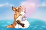  anthro breasts canid canine canis clothing duo female fox fur gender_transformation hair kangaroo looking_at_viewer macropod mammal marsupial multicolored_fur niri pregnant rimarabernadette simple_background smile transformation tufts 