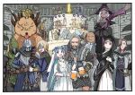  4girls 6+boys :> absurdres alcohol animal_head anniversary armor ascot aura axe beak beard beer beer_mug bird_boy black_dress black_hat black_hood black_scarf blindfold_mask blonde_hair blue_eyes blue_hair blue_jacket blue_surcoat boots bow_(weapon) braid brown_boots brown_gloves brown_hair cake chibi cloak closed_mouth coif commentary_request covered_face crossbow cup dark-skinned_female dark_skin doll_joints dress duchess_(elden_ring) elden_ring elden_ring_(object) elden_ring_nightreign english_commentary everyone executor_(elden_ring) facial_hair fake_horns feathered_wings fighting_stance flower_wreath food full_body gameplay_mechanics gloves gnoster_(elden_ring) green_hood green_jacket green_scarf grey_hair grin group_picture guardian_(elden_ring) happy hat head_wreath helmet heolstor_the_nightlord highres holding holding_axe holding_bow_(weapon) holding_polearm holding_sword holding_weapon horned_helmet horns ironeye_(elden_ring) jacket joints libra_(elden_ring) living_jar_(elden_ring) low_twin_braids maris_(elden_ring) mask miya_zirou monocle monster mug multiple_boys multiple_girls open_mouth over_shoulder pauldrons polearm profile raider_(elden_ring) recluse_(elden_ring) revenant_(elden_ring) scarf scholar_(elden_ring) shoulder_armor skeleton smile sword teeth traitorous_straghess_(elden_ring) twin_braids undertaker_(elden_ring) veil weapon weapon_over_shoulder white_cloak white_coif white_dress white_hair wide_sleeves winged_helmet wings witch_hat wylder_(elden_ring) yellow_eyes 