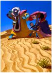  4boys armor black_horns black_nails black_shirt blue_hat blue_skin blue_sky blue_tunic brooch cape cape_umbrella closed_eyes colored_skin commentary_request creature desert dragon_lord dragon_quest dragon_quest_i dragon_quest_iii dragon_quest_monsters:_terry's_wonderland fake_horns fingernails floating fluffy_(dragon_quest) gem gold_necklace grass hat hdw91v helmet highres holding holding_staff horned_helmet horns jewelry large_hands long_sleeves looking_at_another looking_back male_focus multiple_boys necklace open_mouth pauldrons pelvic_curtain pink_cape purple_skin red_gem robe sand shade shading_face sharp_fingernails sharp_teeth shirt short_sleeves shoulder_armor skull_necklace sky staff sweat teeth terry_(dq6) third_eye tunic walking white_fur white_hair widow's_peak wooden_staff yellow_eyes yellow_robe zoma zoma's_devil 