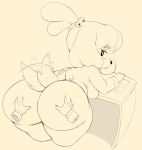  2019 animal_crossing anthro big_breasts big_butt blush breasts butt butt_grab canid canine canis clothed clothing disembodied_hand domestic_dog duo female fur hair hand_on_butt hi_res isabelle_(animal_crossing) looking_back mammal monochrome nintendo purple_yoshi_draws shih_tzu simple_background solo_focus tailwag thick_thighs toy_dog video_games 
