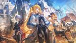  4girls arm_up bandage_on_face bandages bare_shoulders black_bodysuit black_leotard bleeding blonde_hair blood bodysuit breasts chinese_commentary choker city cleavage cloud copyright_name countdown covered_navel crossed_arms drake_(nikke) fang fur_collar gloves goddess_of_victory:_nikke grin gun hair_between_eyes hair_ornament hand_on_own_hip highres injury jacket laplace_(nikke) large_breasts leotard matis_(nikke) maxwell_(nikke) mechanical_legs medium_breasts medium_hair multicolored_gloves multiple_girls navel official_art open_mouth post-apocalypse purple_hair red_eyes red_gloves rifle screen shirt sidelocks sitting sky sleeveless small_breasts smile smoke sniper_rifle sports_bra stomach sunlight syuen_(nikke) teeth torn_bodysuit torn_clothes two-tone_gloves video_call visor_cap weapon white_gloves white_hair white_jacket white_shirt white_sports_bra 