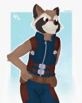  2019 anthro brown_fur clothed clothing digital_media_(artwork) fur guardians_of_the_galaxy hi_res jumpsuit looking_at_viewer luban_(artist) male mammal marvel procyonid raccoon rocket_raccoon simple_background smile solo 