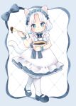  1girl :3 animal_ears apron argyle_background bloomers blue_border blue_bow blue_bowtie blue_dress blue_eyes blue_gem blue_shoes blue_wrist_cuffs border bow bowl bowtie brooch cat_ears cat_girl cat_tail child chocolate closed_mouth collar commentary curtained_hair dress fluffy_hair frilled_apron frilled_collar frilled_wrist_cuffs frills full_body gem hair_bow hand_up highres holding holding_bowl holding_mixing_bowl holding_spoon jewelry kinokomate looking_at_viewer maid_headdress mary_janes multiple_hair_bows original pantyhose parted_bangs ribbon_border shoes short_hair sidelocks smile solo spoon striped_bow tail untranslatable_commentary waist_bow walking wavy_hair white_apron white_background white_bloomers white_collar white_hair white_pantyhose wooden_spoon wrist_cuffs 